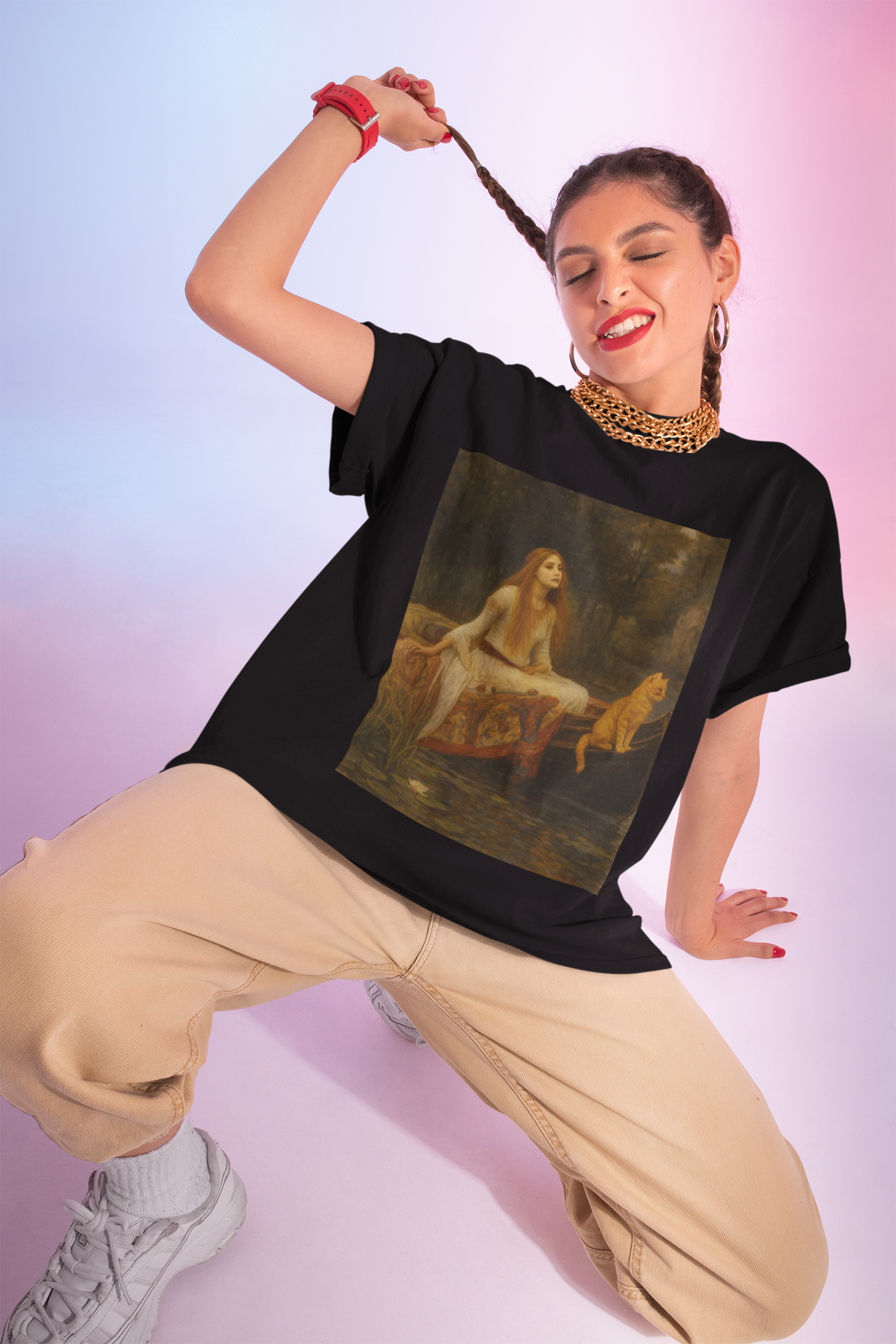 "Lady of Shedding" Artistic Vintage Cat Unisex Heavy Cotton Tee with J.W. Waterhouse inspired design, Graphic Tee, Casual Wear