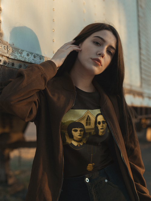 "American Goths" Vintage-Inspired Graphic Tee with Grant Wood inspired design, Perfect for Halloween, Retro Art Shirt, Unisex Heavy Cotton T-Shirt, Spooky Gift Idea, Unique Style