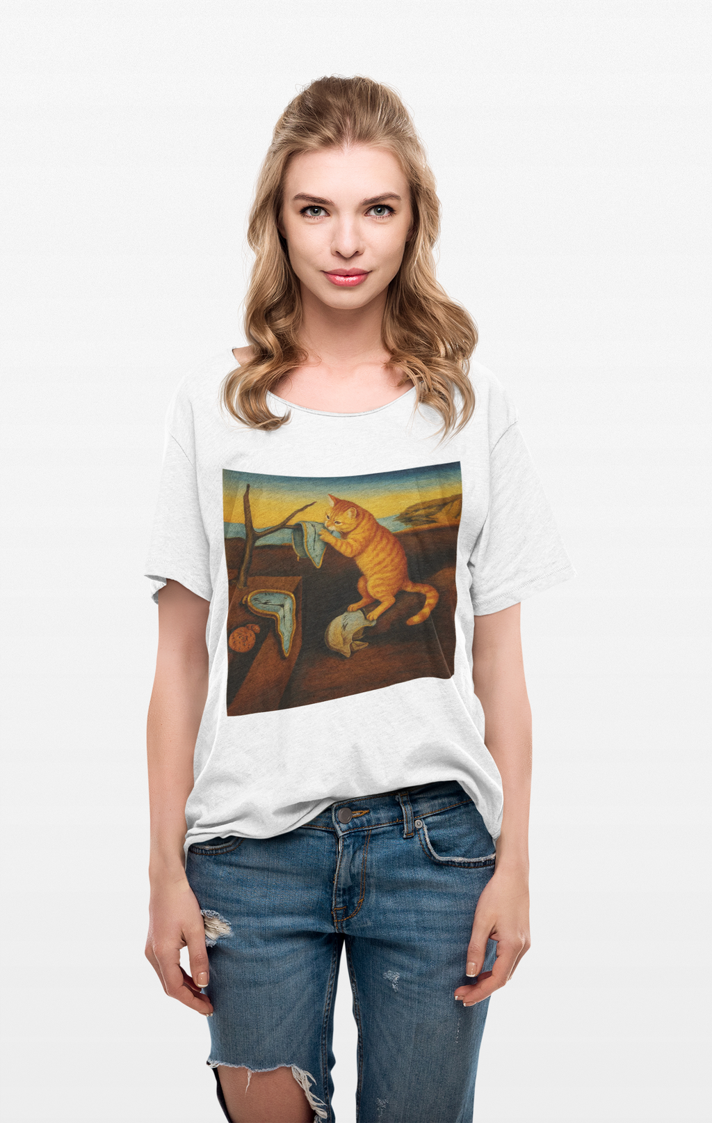 "The Insistence of Feline" Surreal Cat Art Tee with Dali inspired design, Unisex Cotton Shirt, Unique Gift for Art Lovers, Fun and Quirky T-Shirt, Perfect for Casual Wear