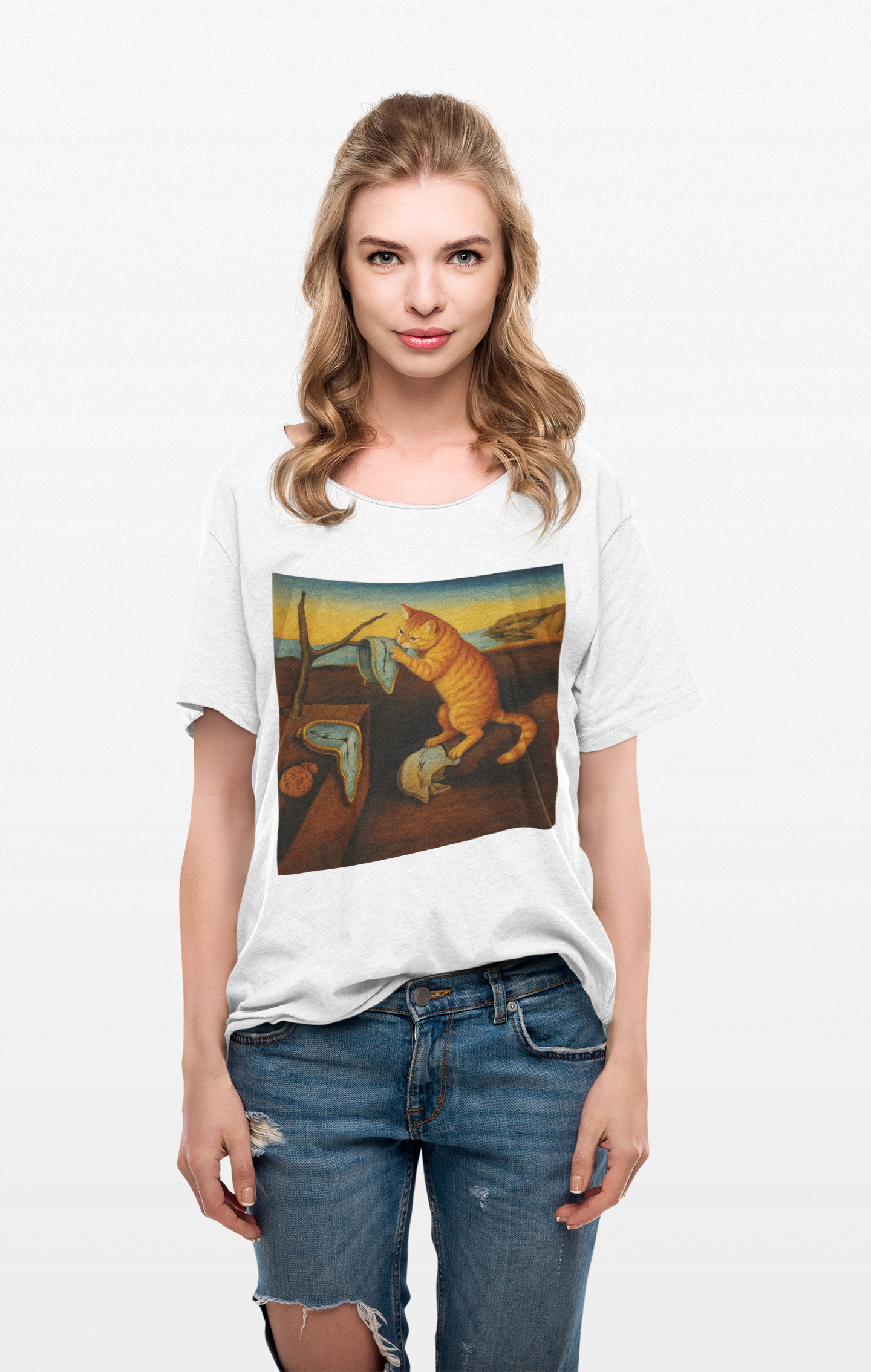 "The Insistence of Feline" Surreal Cat Art Tee with Dali inspired design, Unisex Cotton Shirt, Unique Gift for Art Lovers, Fun and Quirky T-Shirt, Perfect for Casual Wear