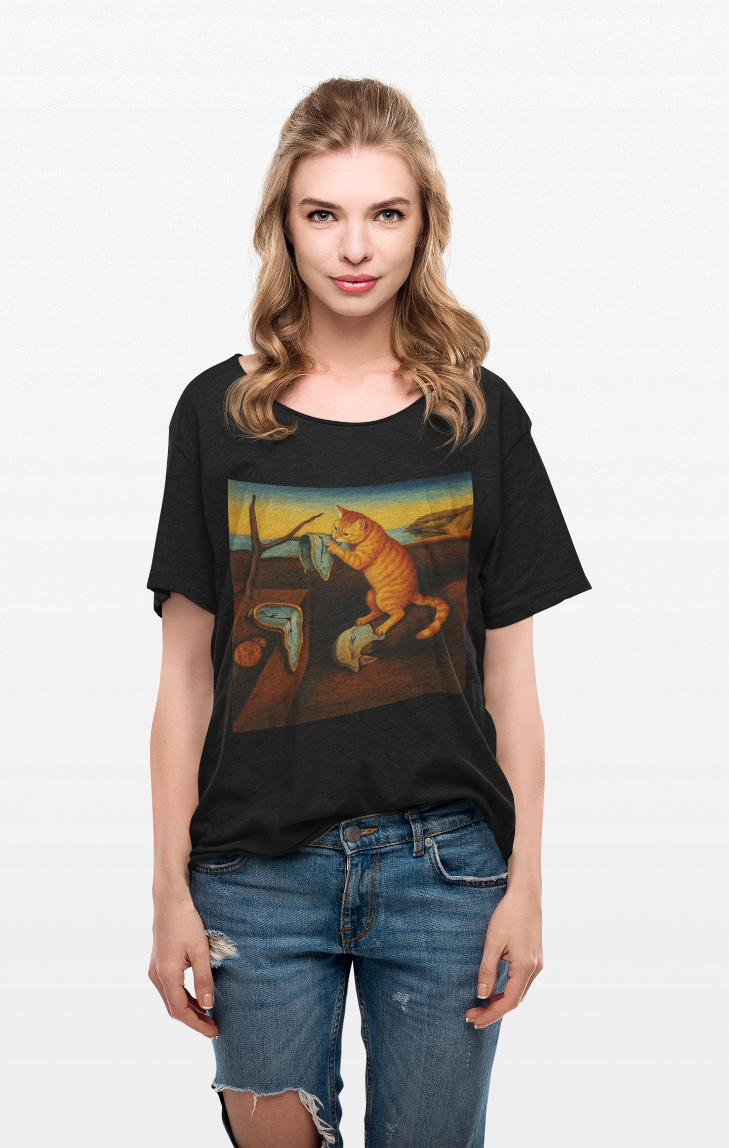 "The Insistence of Feline" Surreal Cat Art Tee with Dali inspired design, Unisex Cotton Shirt, Unique Gift for Art Lovers, Fun and Quirky T-Shirt, Perfect for Casual Wear