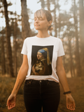 "Girl with a Pretty Kitty" Artistic Calico Cat Lover Tee with Vermeer inspired design, Unisex Heavy Cotton Tee, Unique Gift for Cat Owners, Art Fans, Casual Everyday Wear, Perfect for Birthdays