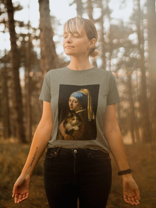 "Girl with a Pretty Kitty" Artistic Calico Cat Lover Tee with Vermeer inspired design, Unisex Heavy Cotton Tee, Unique Gift for Cat Owners, Art Fans, Casual Everyday Wear, Perfect for Birthdays