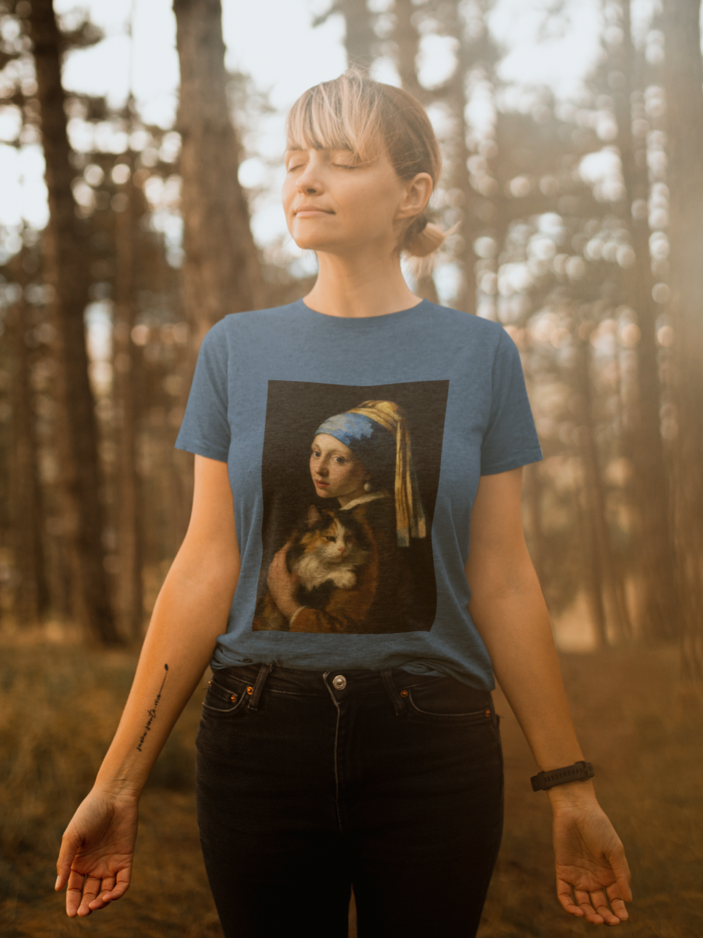"Girl with a Pretty Kitty" Artistic Calico Cat Lover Tee with Vermeer inspired design, Unisex Heavy Cotton Tee, Unique Gift for Cat Owners, Art Fans, Casual Everyday Wear, Perfect for Birthdays