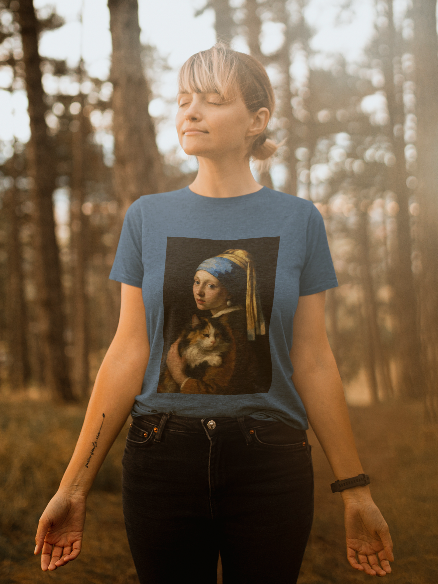 "Girl with a Pretty Kitty" Artistic Calico Cat Lover Tee with Vermeer inspired design, Unisex Heavy Cotton Tee, Unique Gift for Cat Owners, Art Fans, Casual Everyday Wear, Perfect for Birthdays