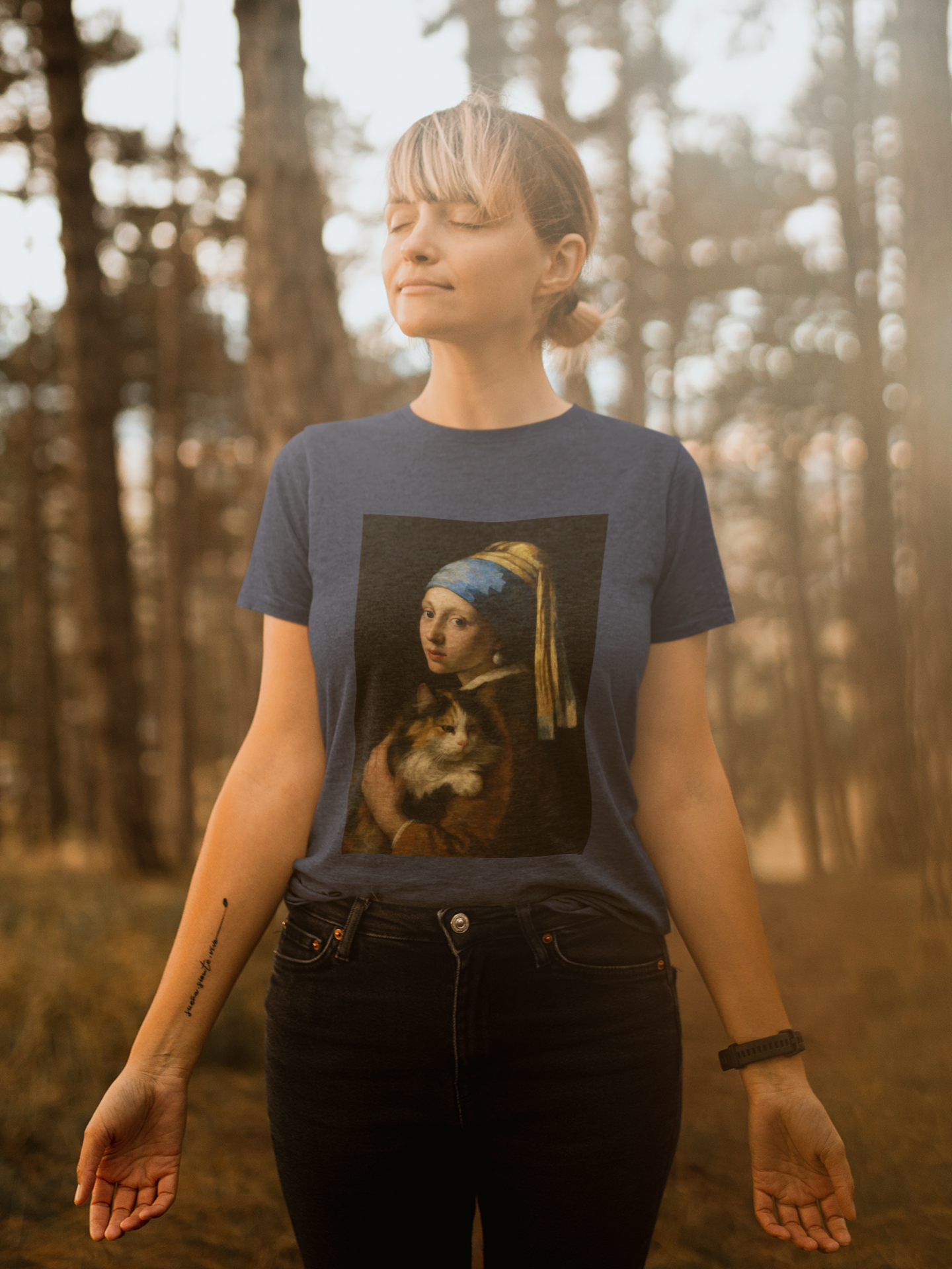 "Girl with a Pretty Kitty" Artistic Calico Cat Lover Tee with Vermeer inspired design, Unisex Heavy Cotton Tee, Unique Gift for Cat Owners, Art Fans, Casual Everyday Wear, Perfect for Birthdays