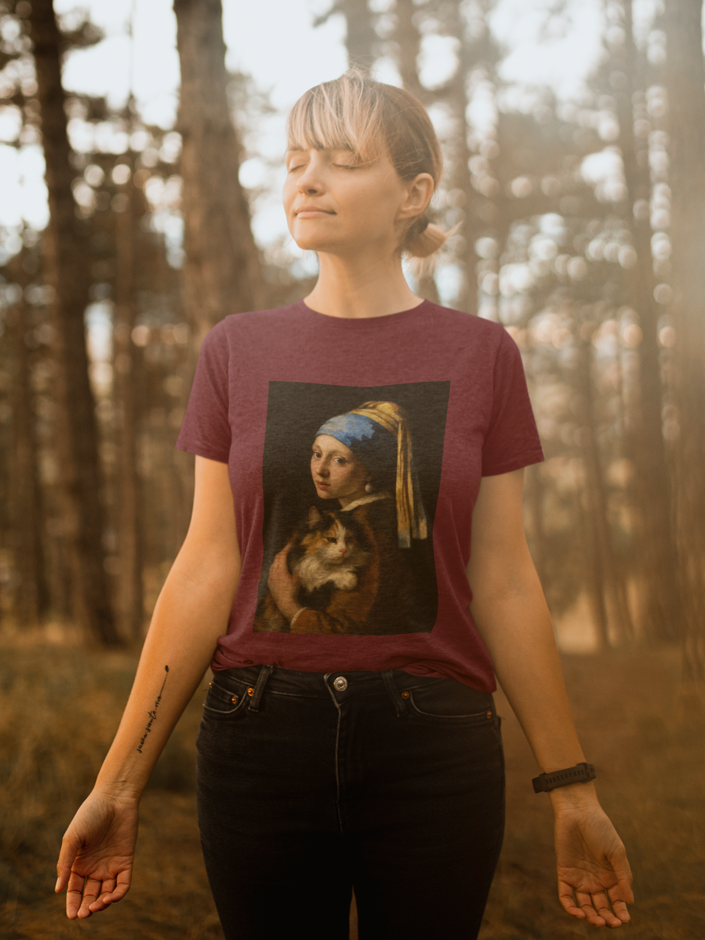 "Girl with a Pretty Kitty" Artistic Calico Cat Lover Tee with Vermeer inspired design, Unisex Heavy Cotton Tee, Unique Gift for Cat Owners, Art Fans, Casual Everyday Wear, Perfect for Birthdays