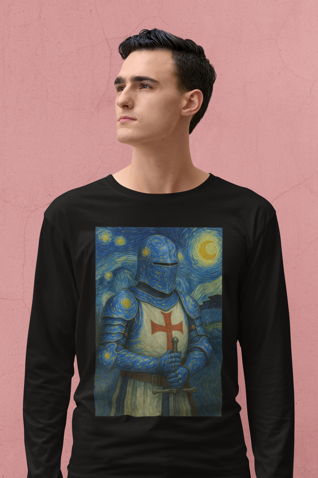 "Starry Knight" in Armor Long Sleeve Tee with Van Gogh inspired design, Medieval Style Shirt, Unisex Casual Wear, Gift for History Buffs, Unique Festival Outfit, Comfortable [...]
