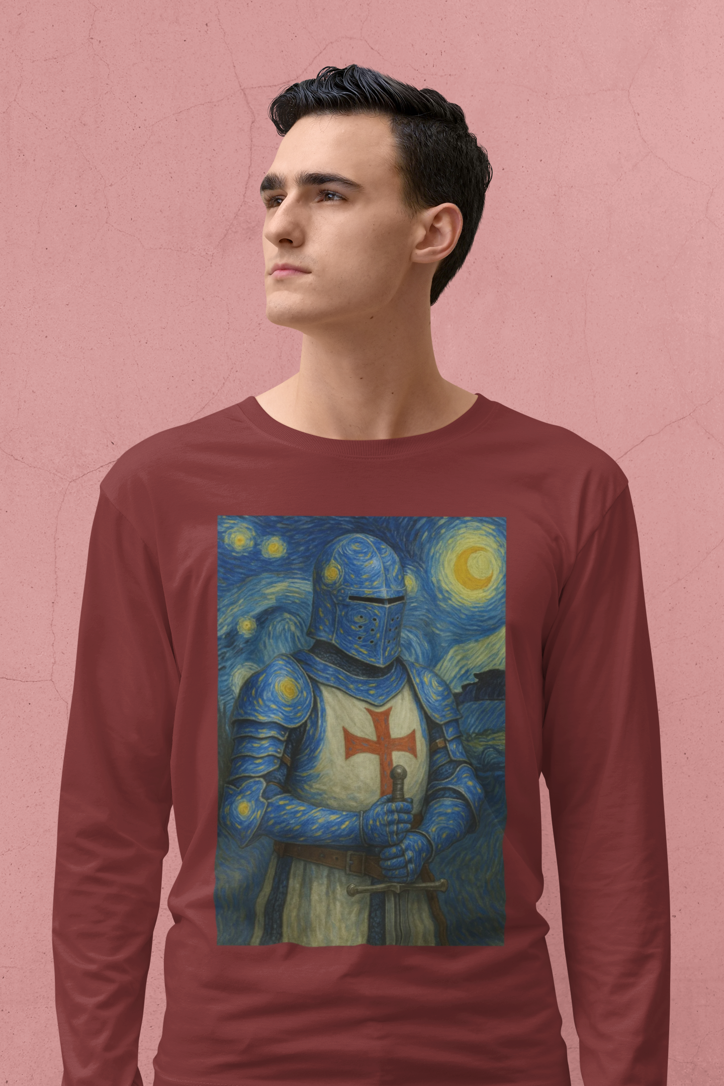 "Starry Knight" in Armor Long Sleeve Tee with Van Gogh inspired design, Medieval Style Shirt, Unisex Casual Wear, Gift for History Buffs, Unique Festival Outfit, Comfortable [...]