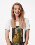 "Girl with a Snuggly Kitty" Vintage Art Tee with Cat Design inspired by Vermeer, Unisex Cotton Tee, Gift for Art Lovers, Casual Wear