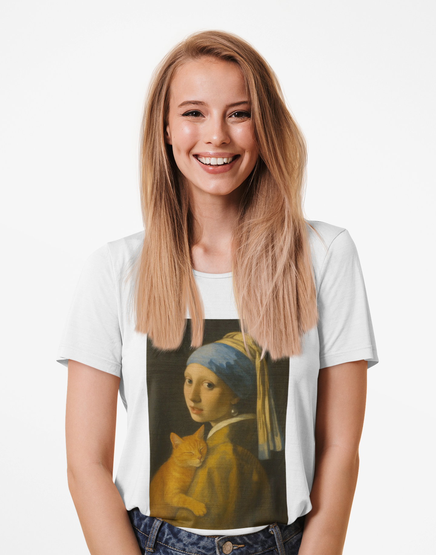 "Girl with a Snuggly Kitty" Vintage Art Tee with Cat Design inspired by Vermeer, Unisex Cotton Tee, Gift for Art Lovers, Casual Wear