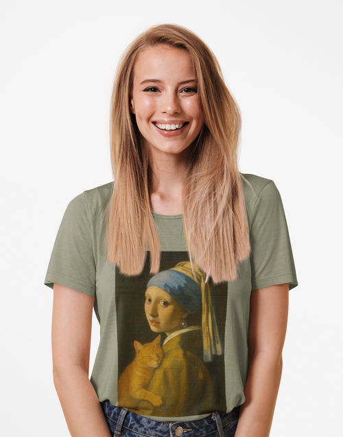 "Girl with a Snuggly Kitty" Vintage Art Tee with Cat Design inspired by Vermeer, Unisex Cotton Tee, Gift for Art Lovers, Casual Wear