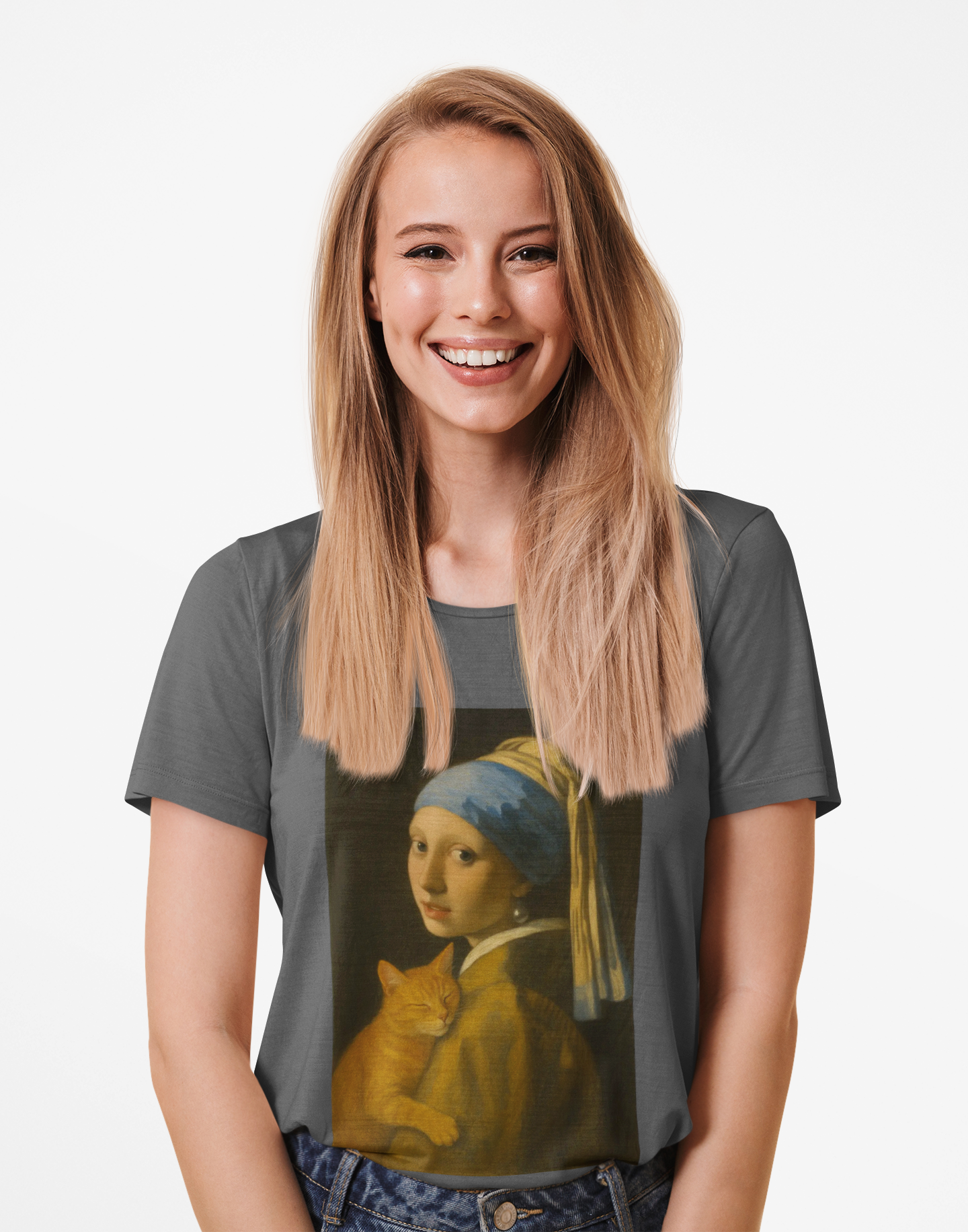 "Girl with a Snuggly Kitty" Vintage Art Tee with Cat Design inspired by Vermeer, Unisex Cotton Tee, Gift for Art Lovers, Casual Wear