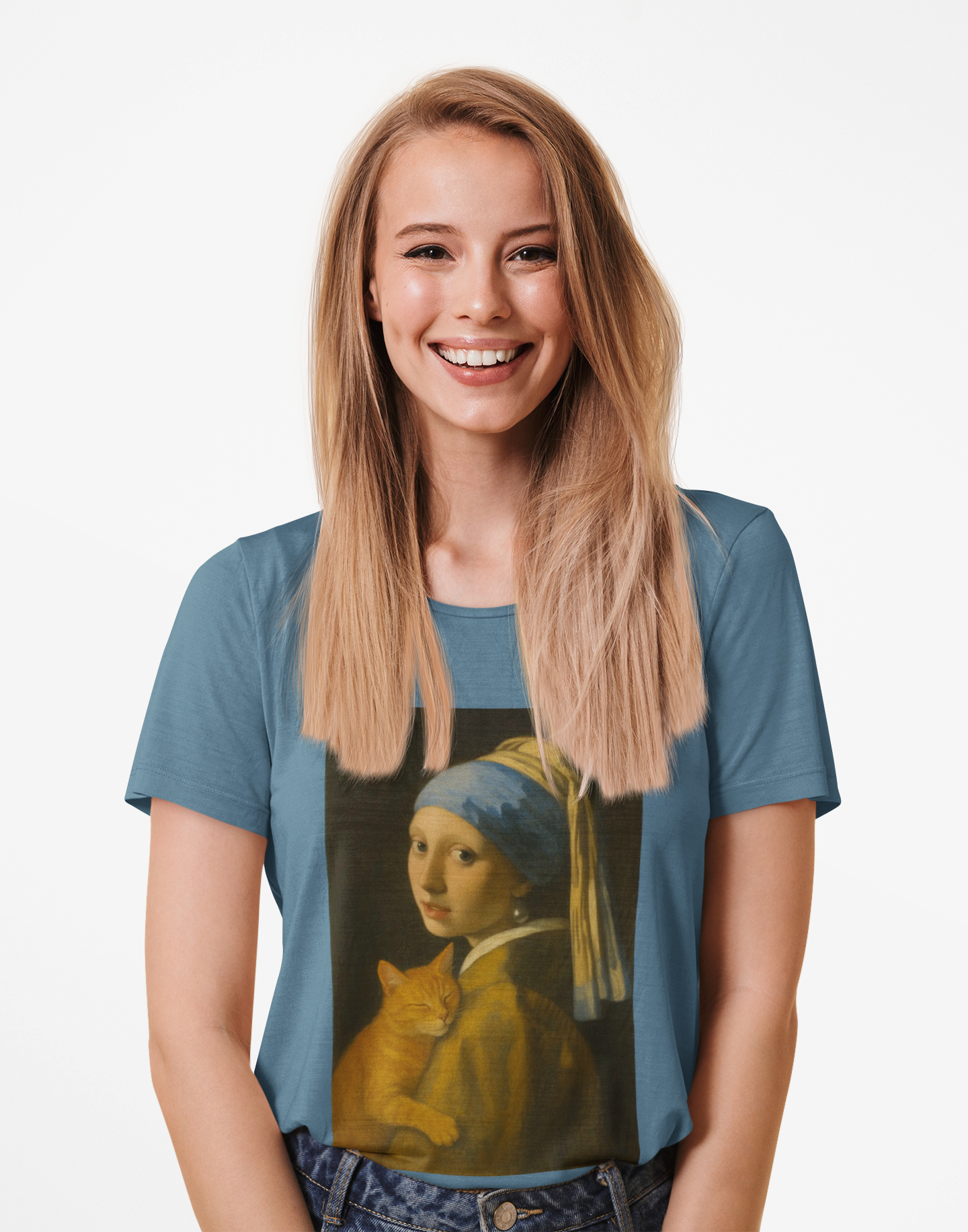 "Girl with a Snuggly Kitty" Vintage Art Tee with Cat Design inspired by Vermeer, Unisex Cotton Tee, Gift for Art Lovers, Casual Wear