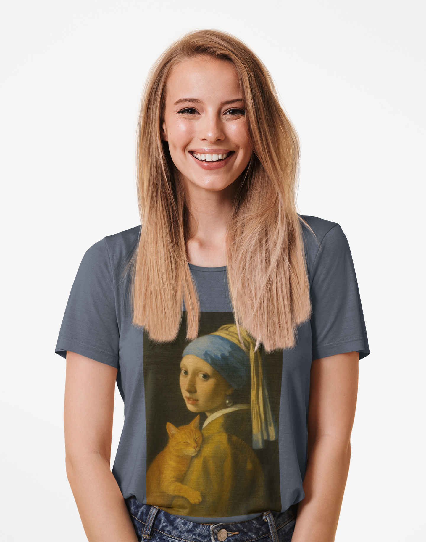 "Girl with a Snuggly Kitty" Vintage Art Tee with Cat Design inspired by Vermeer, Unisex Cotton Tee, Gift for Art Lovers, Casual Wear