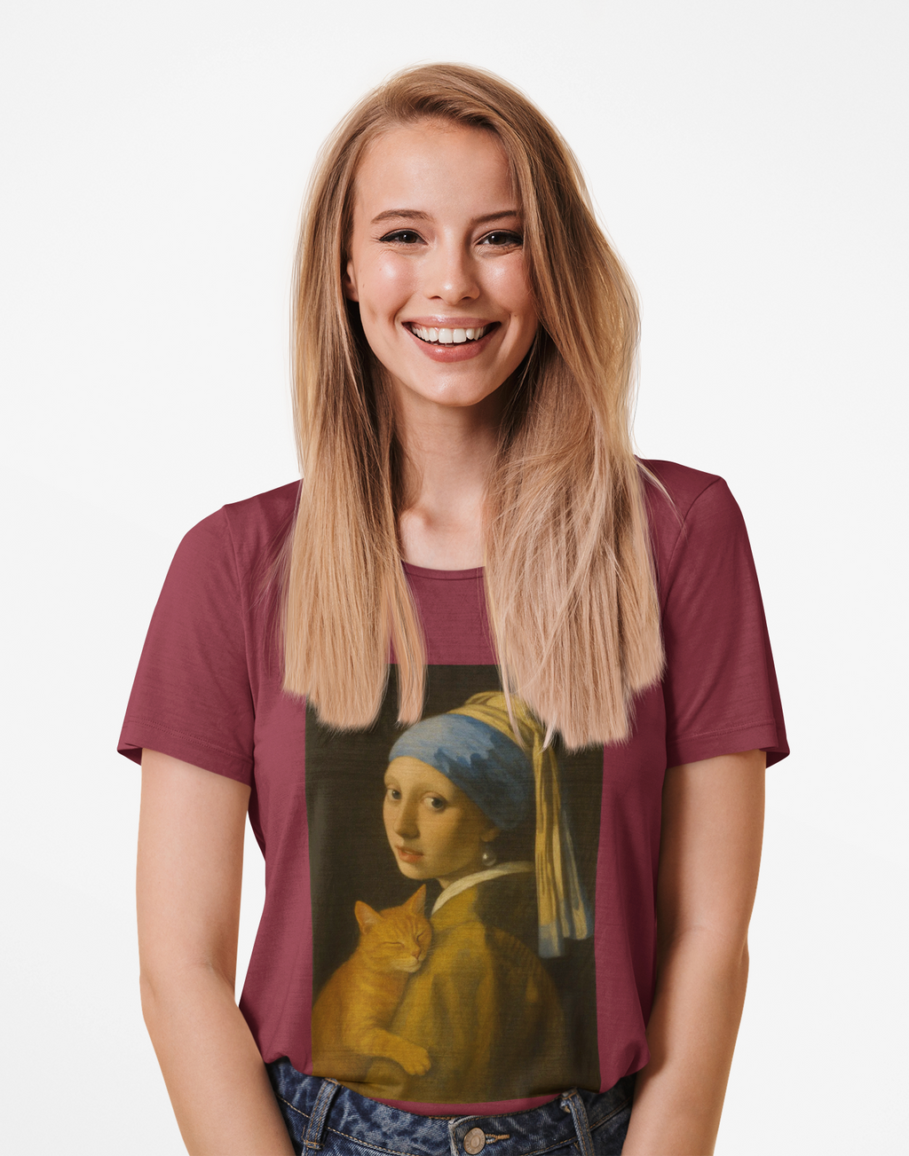 "Girl with a Snuggly Kitty" Vintage Art Tee with Cat Design inspired by Vermeer, Unisex Cotton Tee, Gift for Art Lovers, Casual Wear