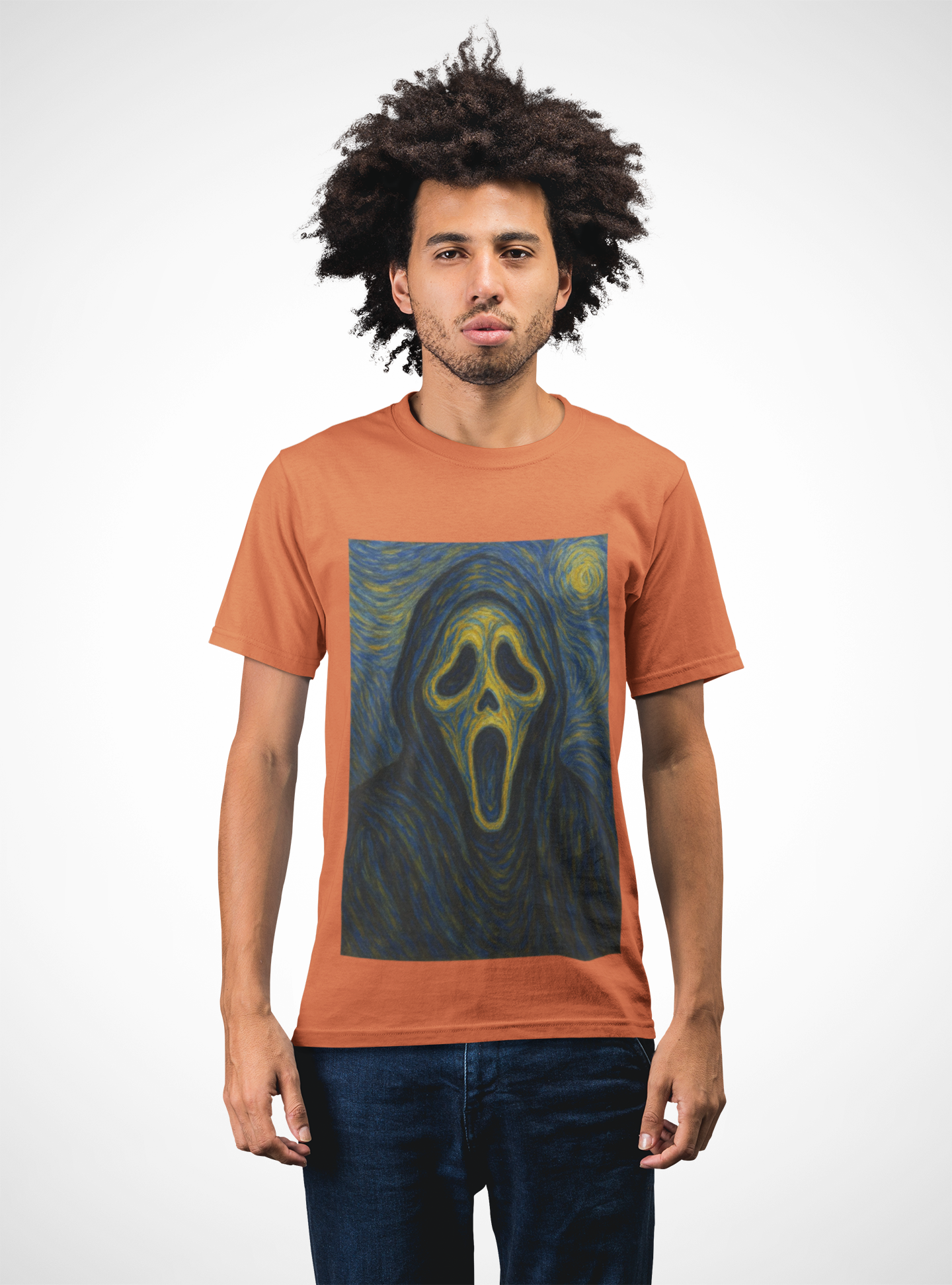 "Van Ghost" Art Tee, Unisex Heavy Cotton T-Shirt with Van Gogh inspired design, Horror Fan Gift, Spooky Halloween Apparel, Unique Graphic Tee