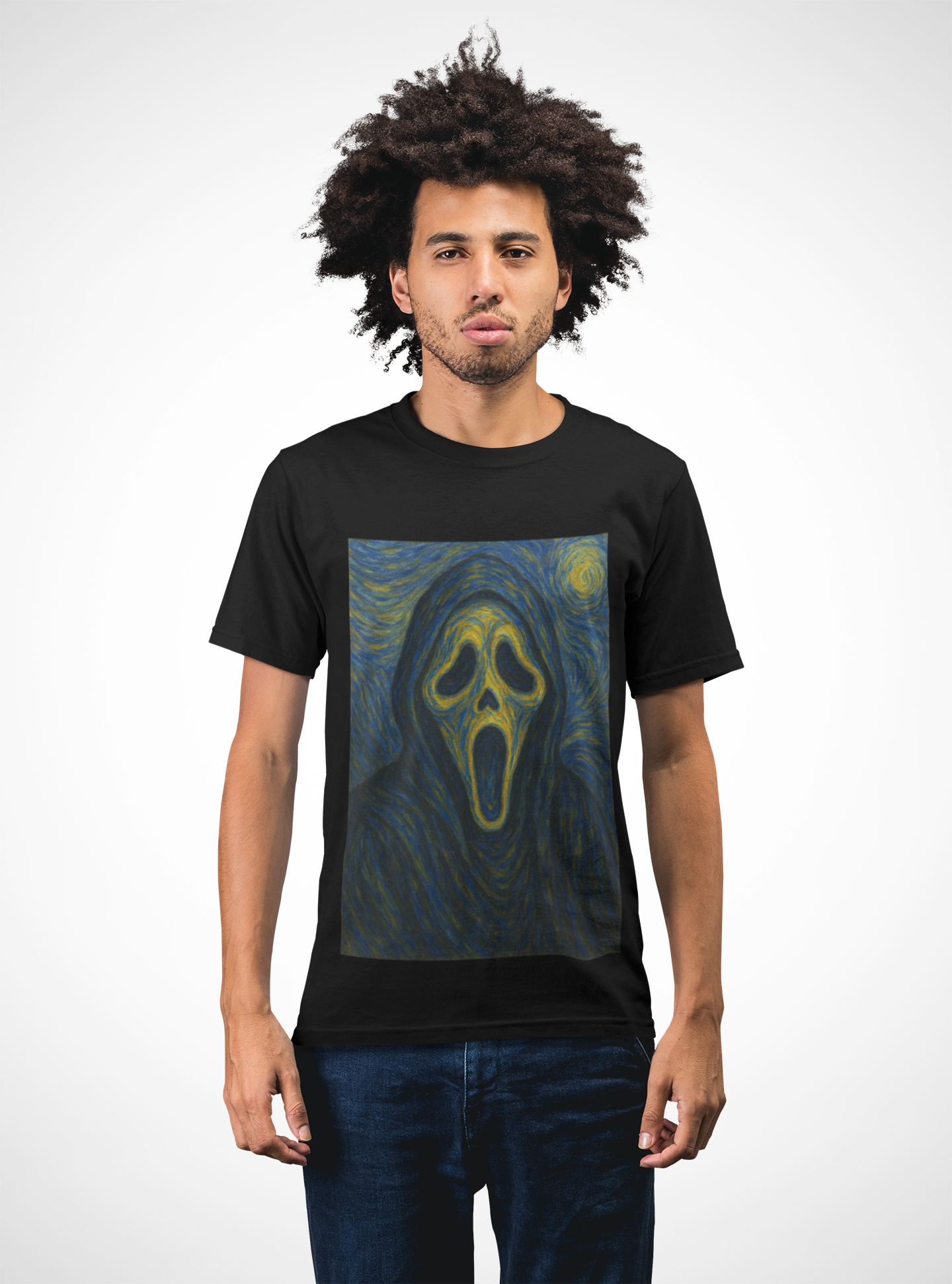 "Van Ghost" Art Tee, Unisex Heavy Cotton T-Shirt with Van Gogh inspired design, Horror Fan Gift, Spooky Halloween Apparel, Unique Graphic Tee