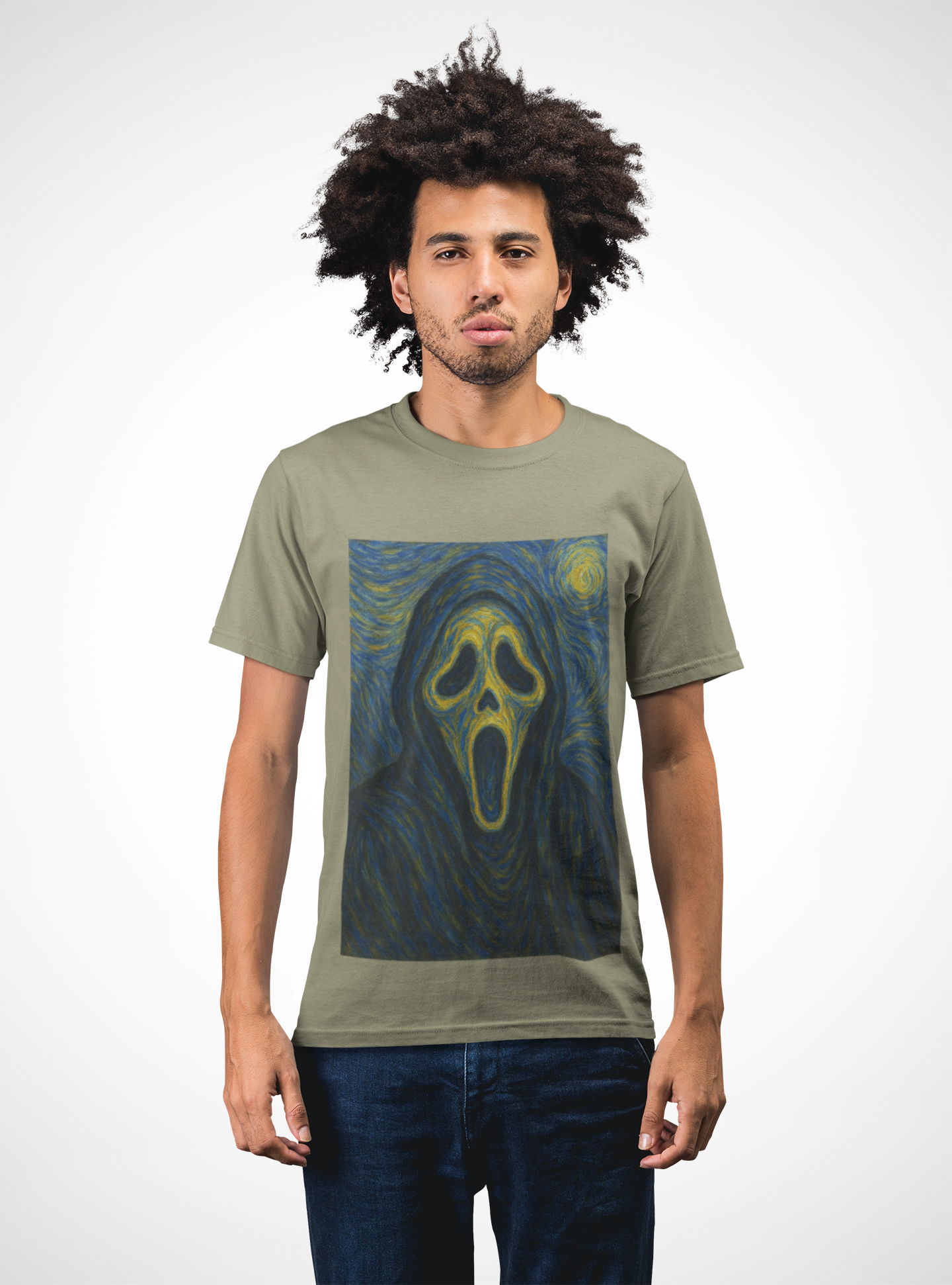 "Van Ghost" Art Tee, Unisex Heavy Cotton T-Shirt with Van Gogh inspired design, Horror Fan Gift, Spooky Halloween Apparel, Unique Graphic Tee