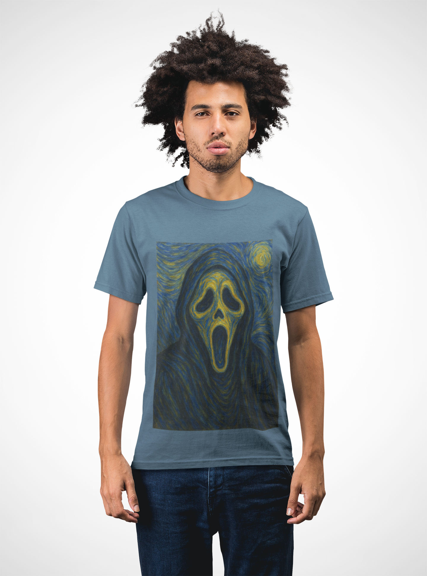"Van Ghost" Art Tee, Unisex Heavy Cotton T-Shirt with Van Gogh inspired design, Horror Fan Gift, Spooky Halloween Apparel, Unique Graphic Tee