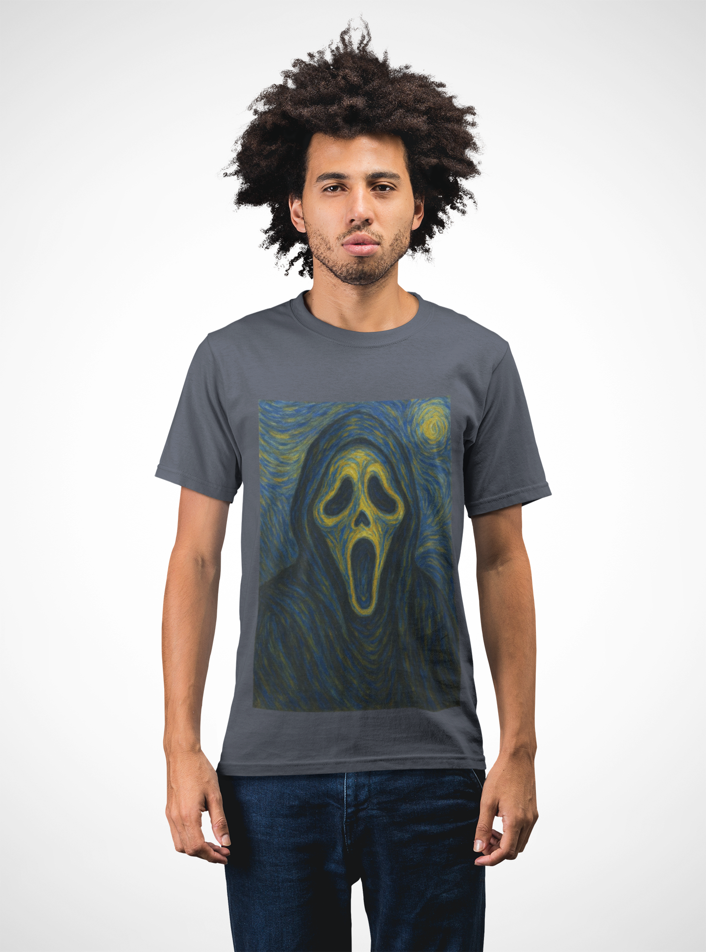 "Van Ghost" Art Tee, Unisex Heavy Cotton T-Shirt with Van Gogh inspired design, Horror Fan Gift, Spooky Halloween Apparel, Unique Graphic Tee