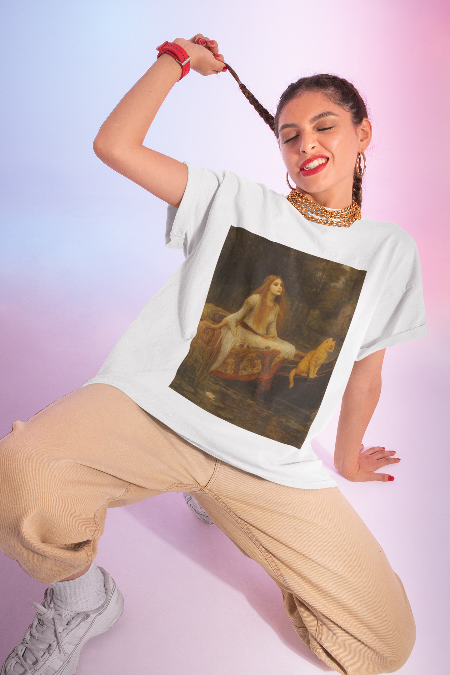 "Lady of Shedding" Artistic Vintage Cat Unisex Heavy Cotton Tee with J.W. Waterhouse inspired design, Graphic Tee, Casual Wear