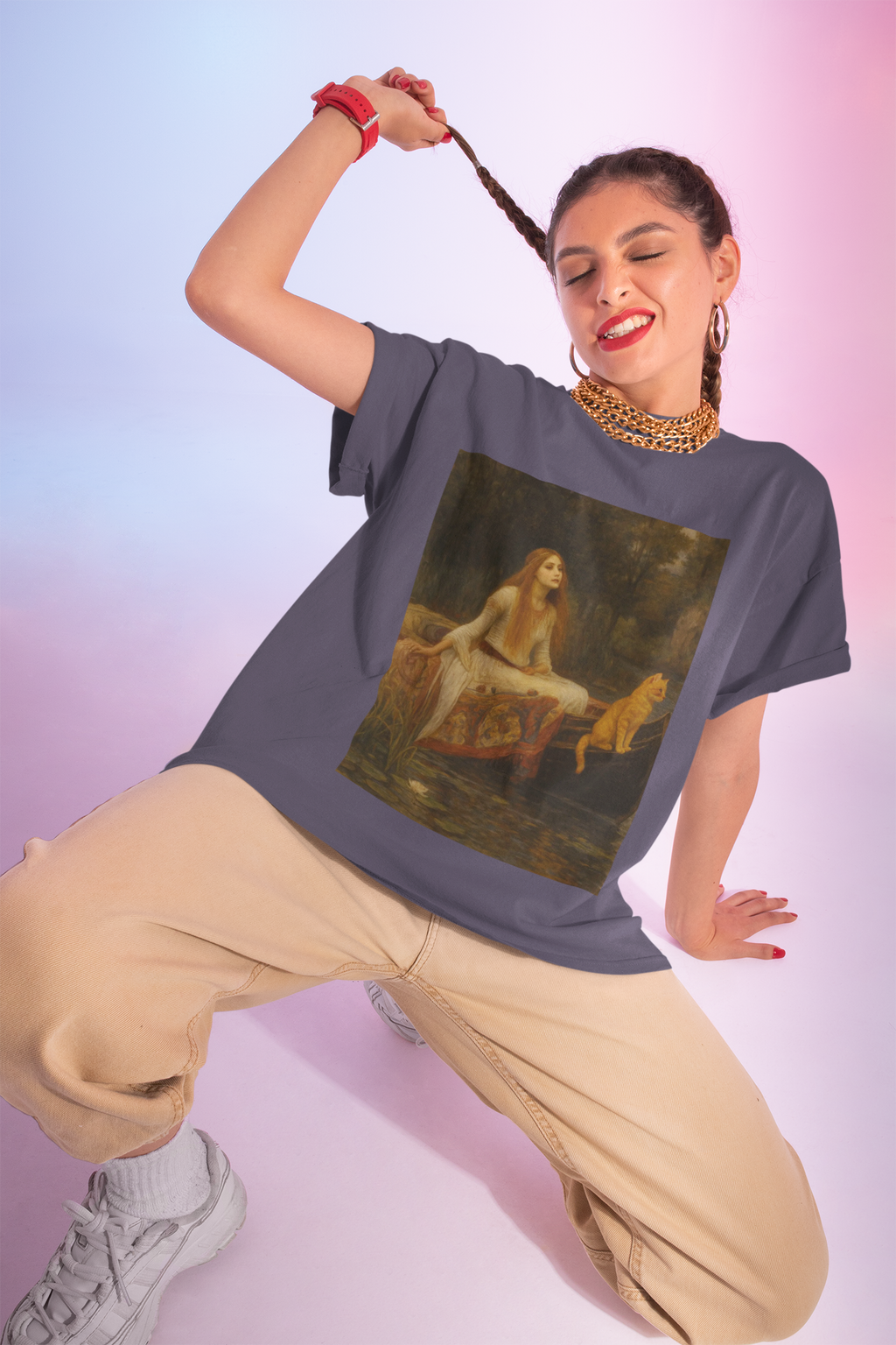 "Lady of Shedding" Artistic Vintage Cat Unisex Heavy Cotton Tee with J.W. Waterhouse inspired design, Graphic Tee, Casual Wear