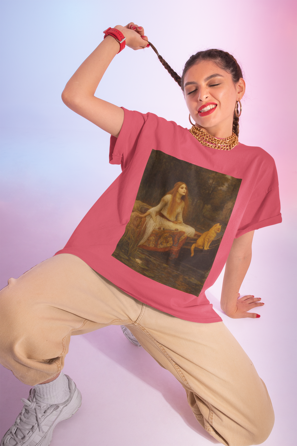 "Lady of Shedding" Artistic Vintage Cat Unisex Heavy Cotton Tee with J.W. Waterhouse inspired design, Graphic Tee, Casual Wear