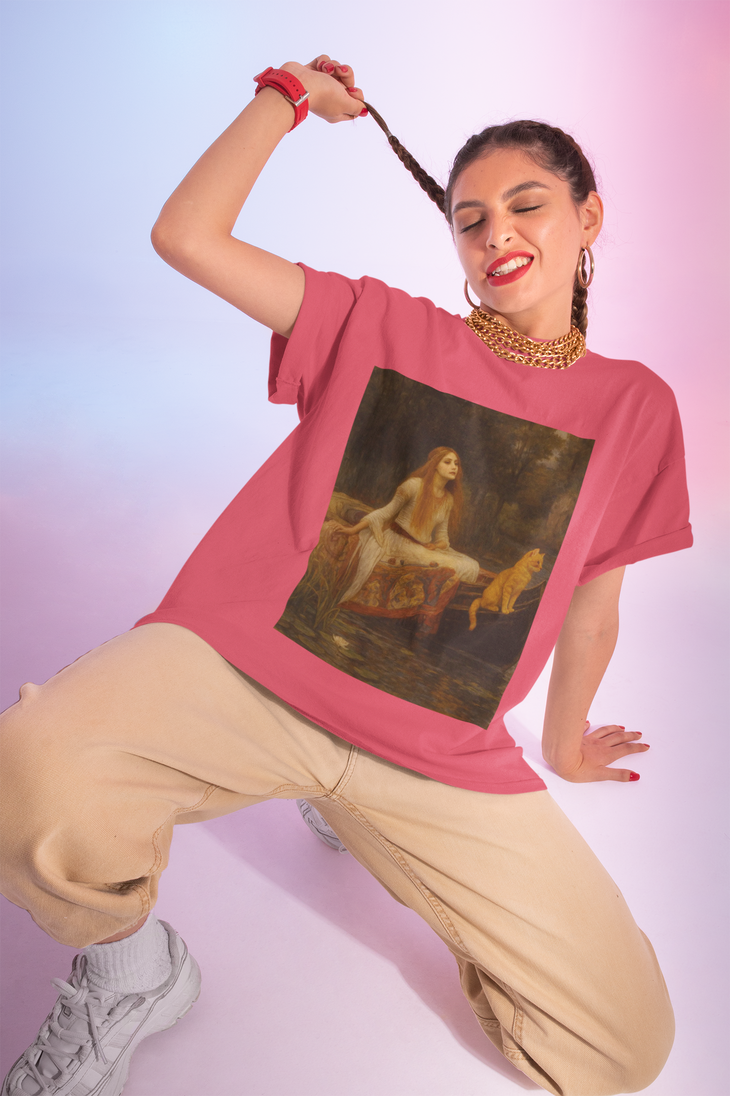 "Lady of Shedding" Artistic Vintage Cat Unisex Heavy Cotton Tee with J.W. Waterhouse inspired design, Graphic Tee, Casual Wear