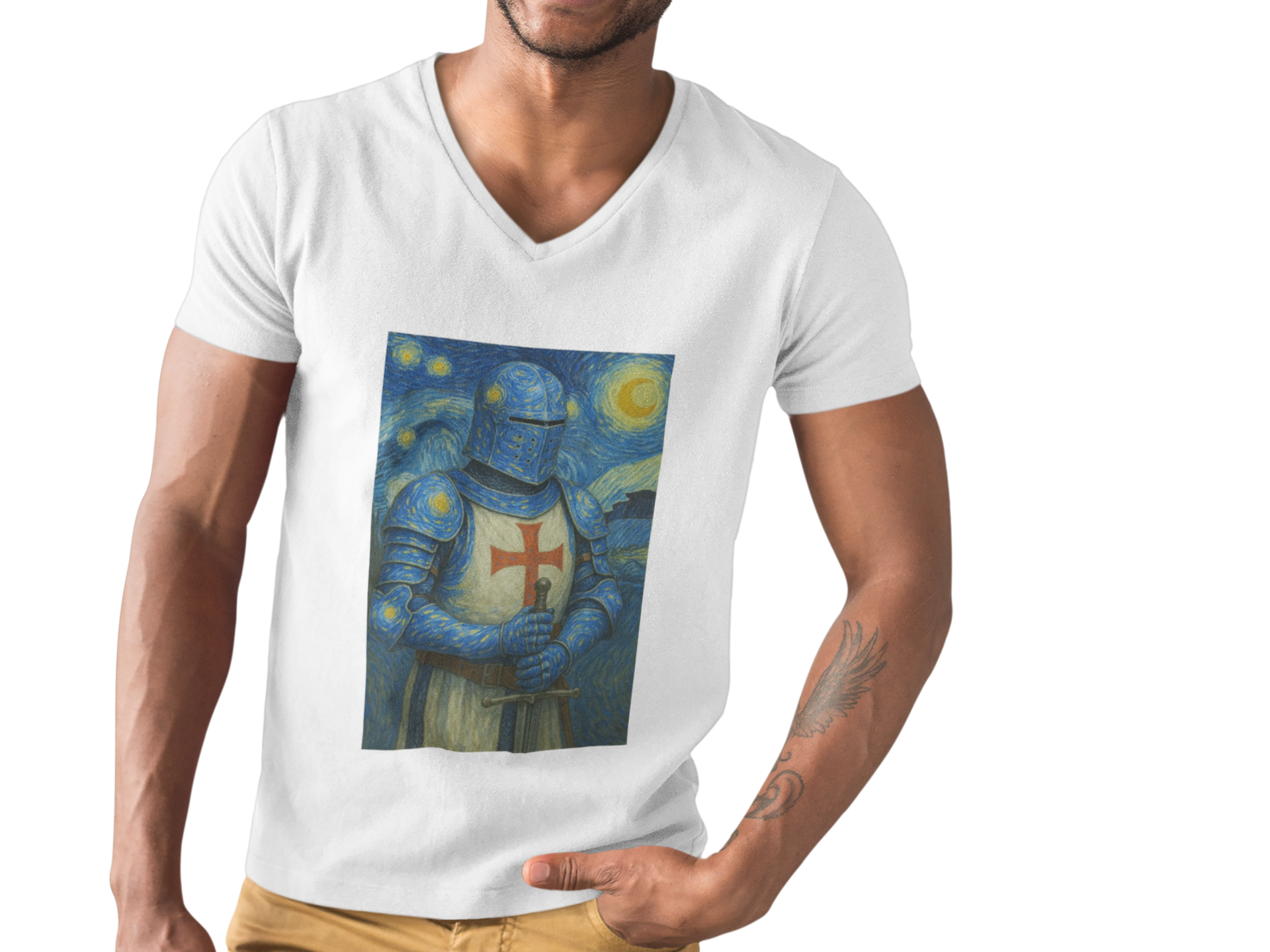 'Starry Knight'- Van Gogh Inspired V-Neck Tee - Unisex Short Sleeve T-Shirt, Casual Wear