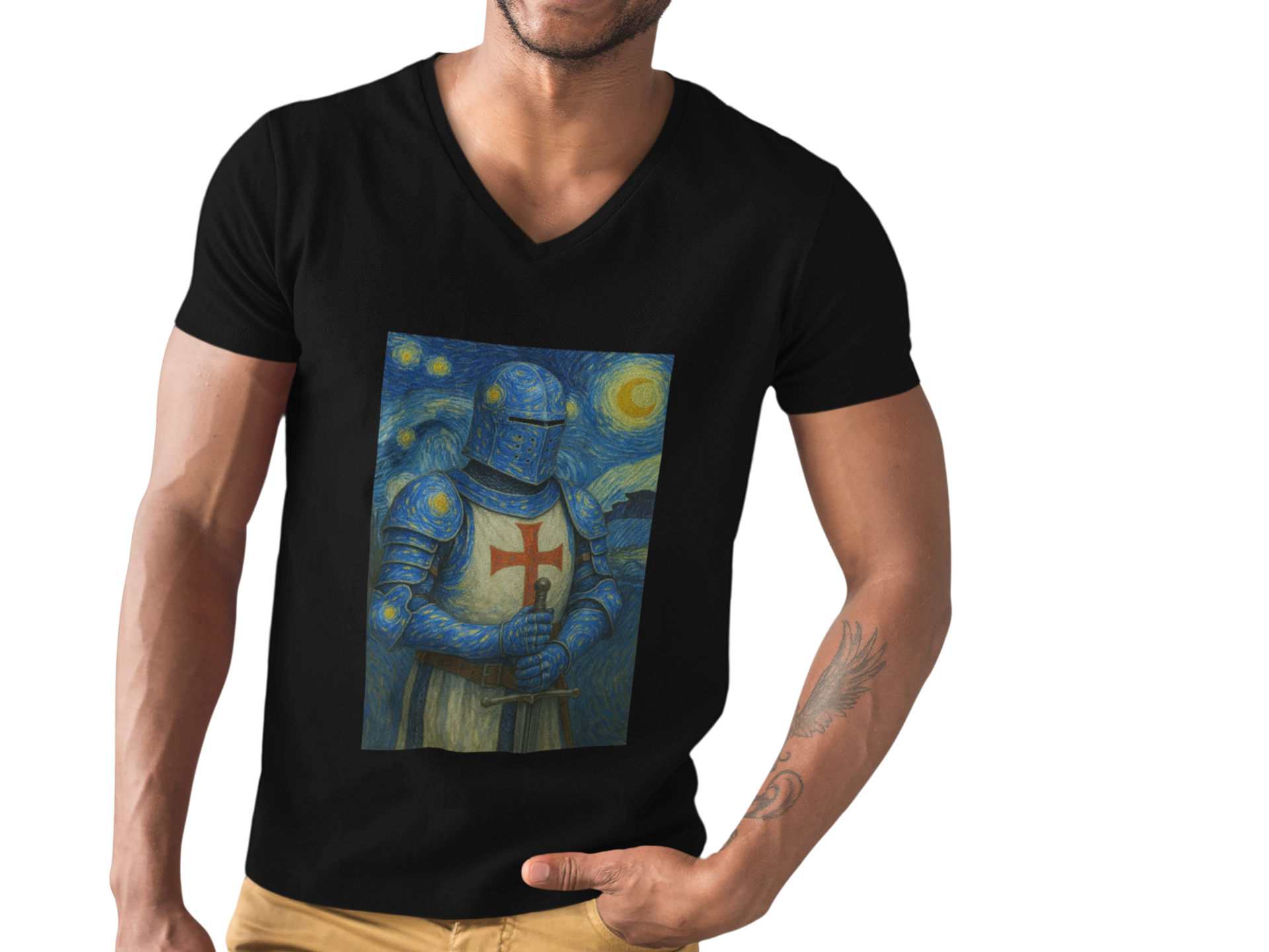 'Starry Knight'- Van Gogh Inspired V-Neck Tee - Unisex Short Sleeve T-Shirt, Casual Wear