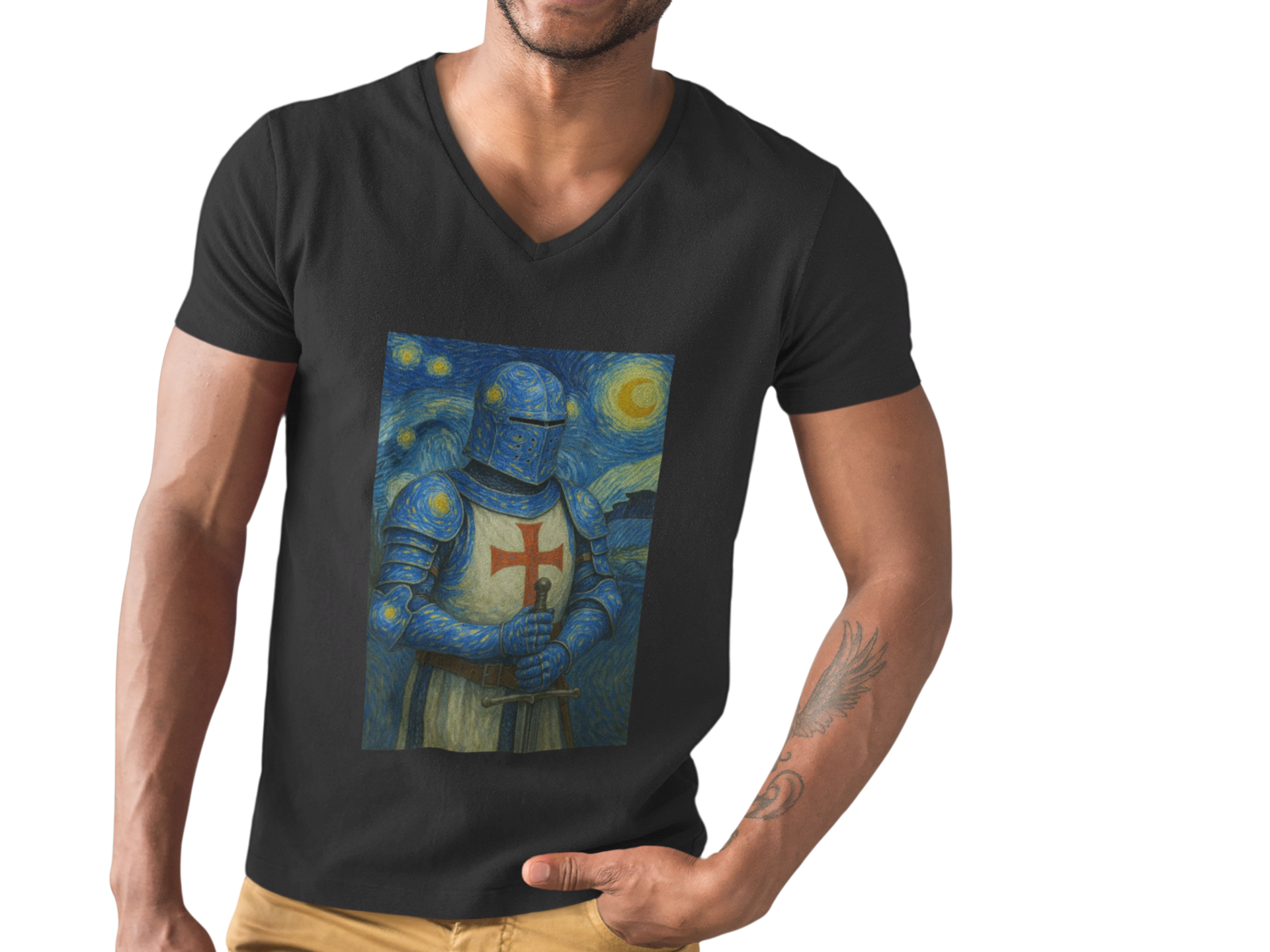 'Starry Knight'- Van Gogh Inspired V-Neck Tee - Unisex Short Sleeve T-Shirt, Casual Wear