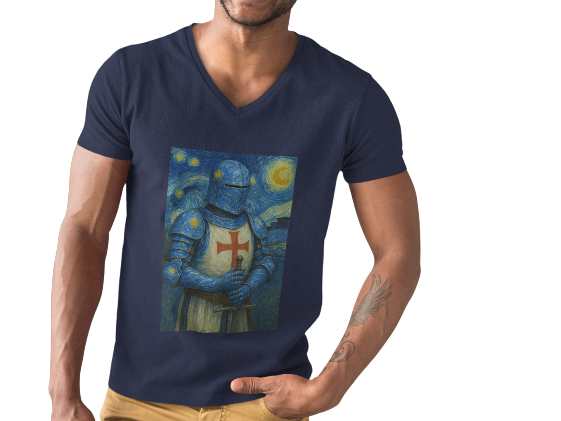 'Starry Knight'- Van Gogh Inspired V-Neck Tee - Unisex Short Sleeve T-Shirt, Casual Wear