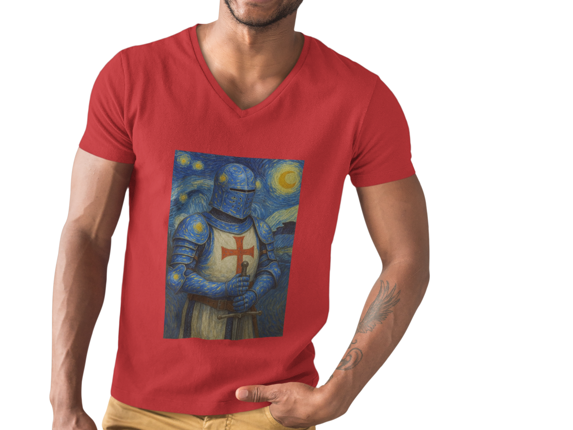 'Starry Knight'- Van Gogh Inspired V-Neck Tee - Unisex Short Sleeve T-Shirt, Casual Wear